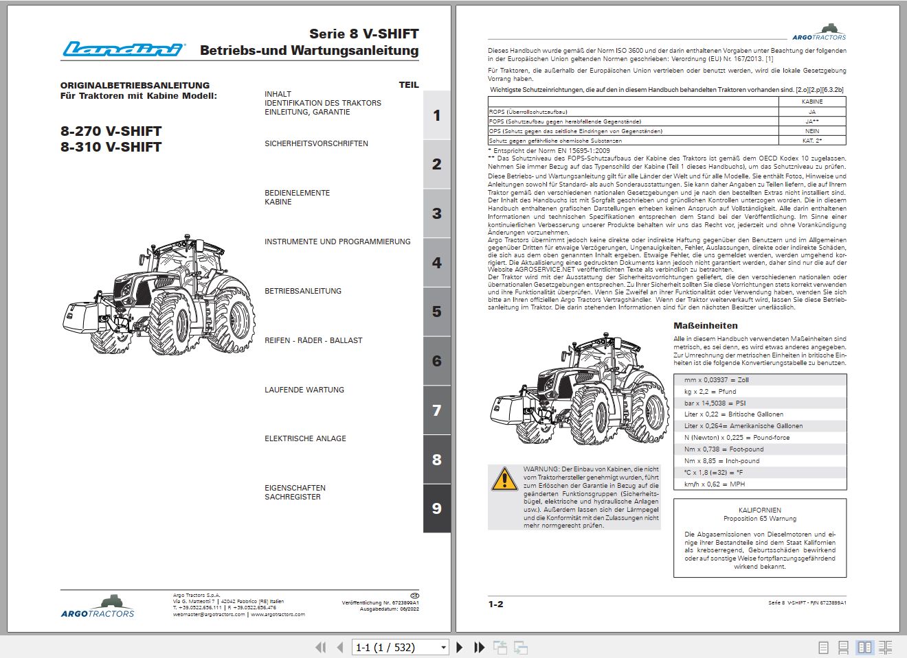 Landini Tractor 8 270 V SHIFT 8 310 V SHIFT Operators Maintenance Manual 6723899A1 DE 1