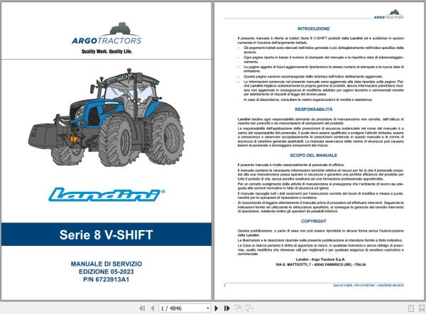 Landini Tractor 8 270 V SHIFT 8 310 V SHIFT Service Manual 6723913A1 IT 1