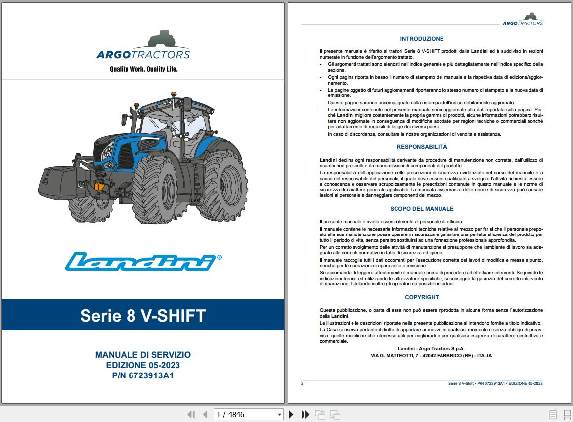 Landini Tractor 8 270 V SHIFT 8 310 V SHIFT Service Manual 6723913A1 IT 1