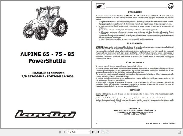 Landini Tractor ALPINE 65 75 85 Powershuttle Service Manual 3676094M2 IT 1