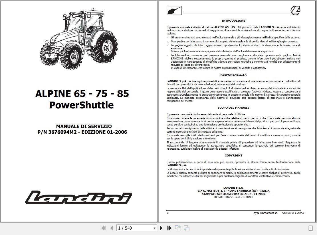 Landini Tractor ALPINE 65 75 85 Powershuttle Service Manual 3676094M2 IT 1