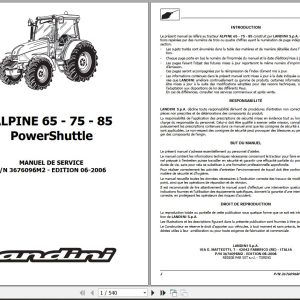 Landini Tractor ALPINE 65 75 85 Powershuttle Service Manual 3676096M2 FR 1