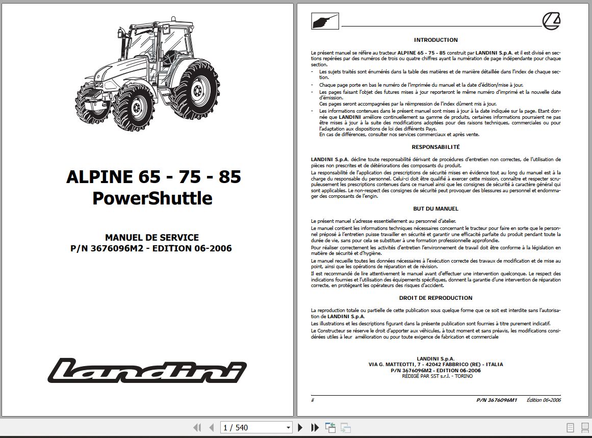 Landini Tractor ALPINE 65 75 85 Powershuttle Service Manual 3676096M2 FR 1
