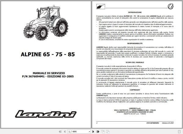 Landini Tractor ALPINE 65 75 85 Service Manual 3676094M1 IT 1