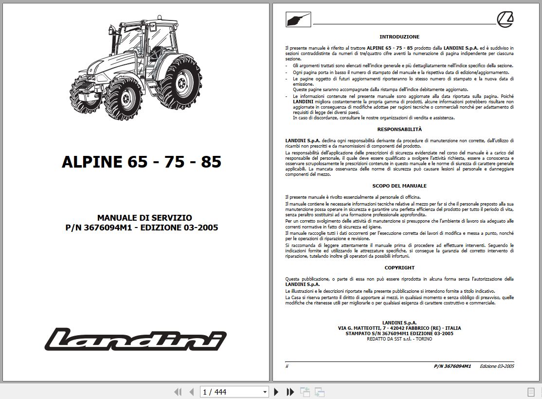 Landini Tractor ALPINE 65 75 85 Service Manual 3676094M1 IT 1