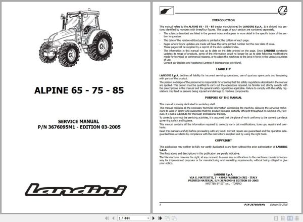 Landini Tractor ALPINE 65 75 85 Service Manual 3676095M1 EN 1