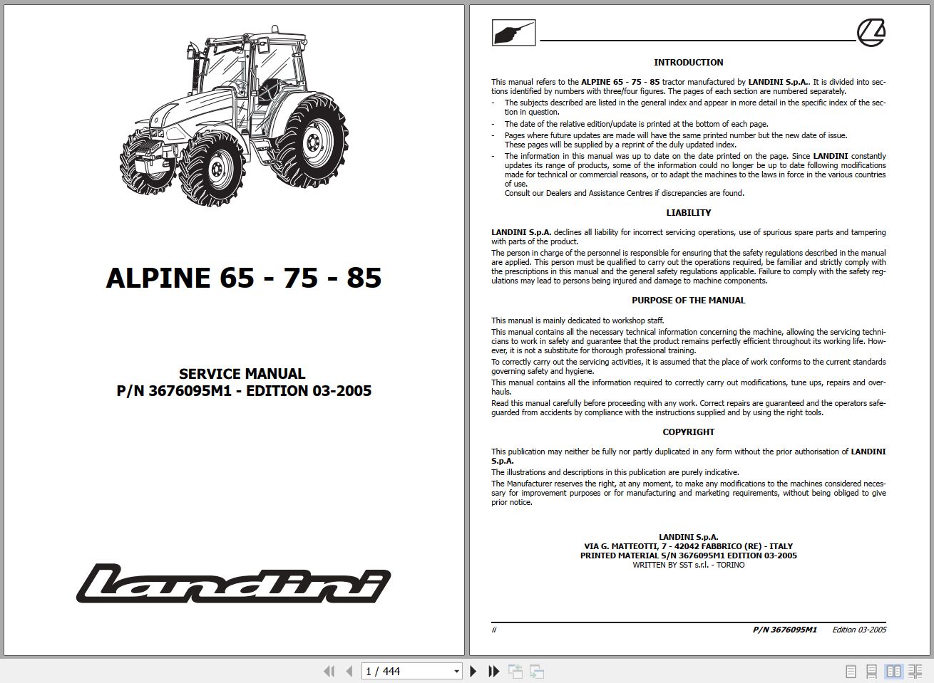 Landini Tractor ALPINE 65 75 85 Service Manual 3676095M1 EN 1