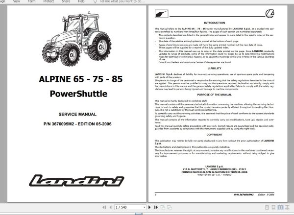 Landini Tractor ALPINE 65 75 85 Service Manual 3676095M2 EN 1