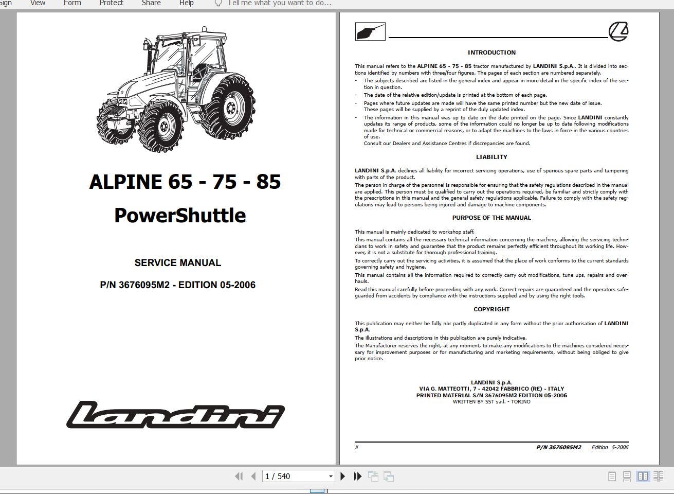 Landini Tractor ALPINE 65 75 85 Service Manual 3676095M2 EN 1