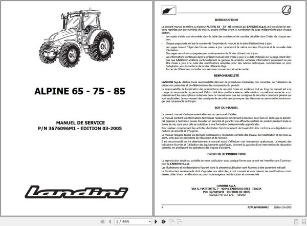 Landini Tractor ALPINE 65 75 85 Service Manual 3676096M1 FR 1