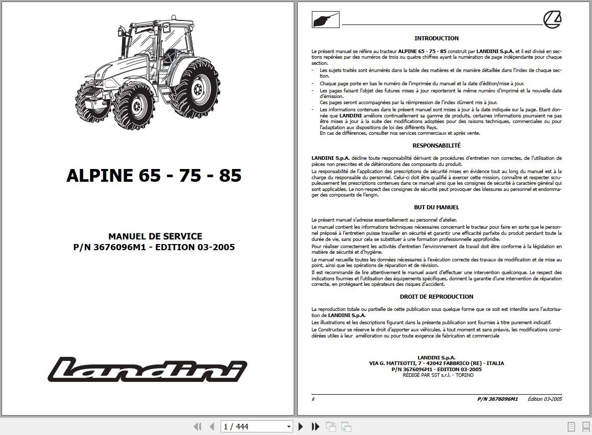 Landini Tractor ALPINE 65 75 85 Service Manual 3676096M1 FR 1
