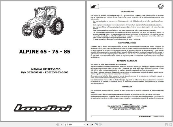 Landini Tractor ALPINE 65 75 85 Service Manual 3676097M1 ES 1