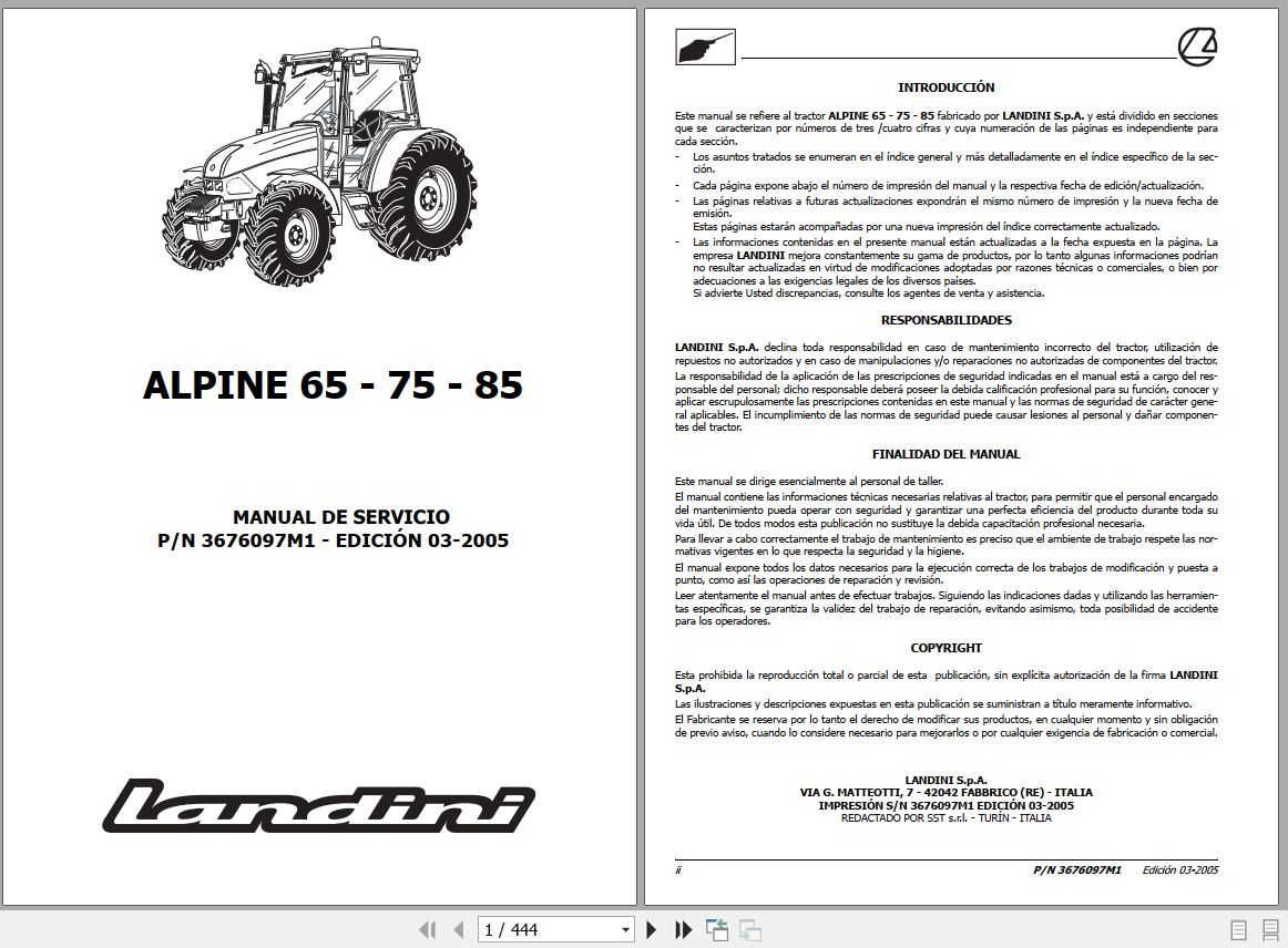 Landini Tractor ALPINE 65 75 85 Service Manual 3676097M1 ES 1