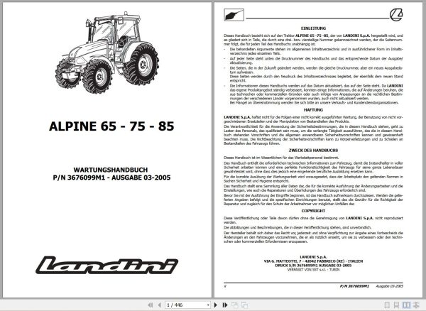 Landini Tractor ALPINE 65 75 85 Service Manual 3676099M1 DE 1