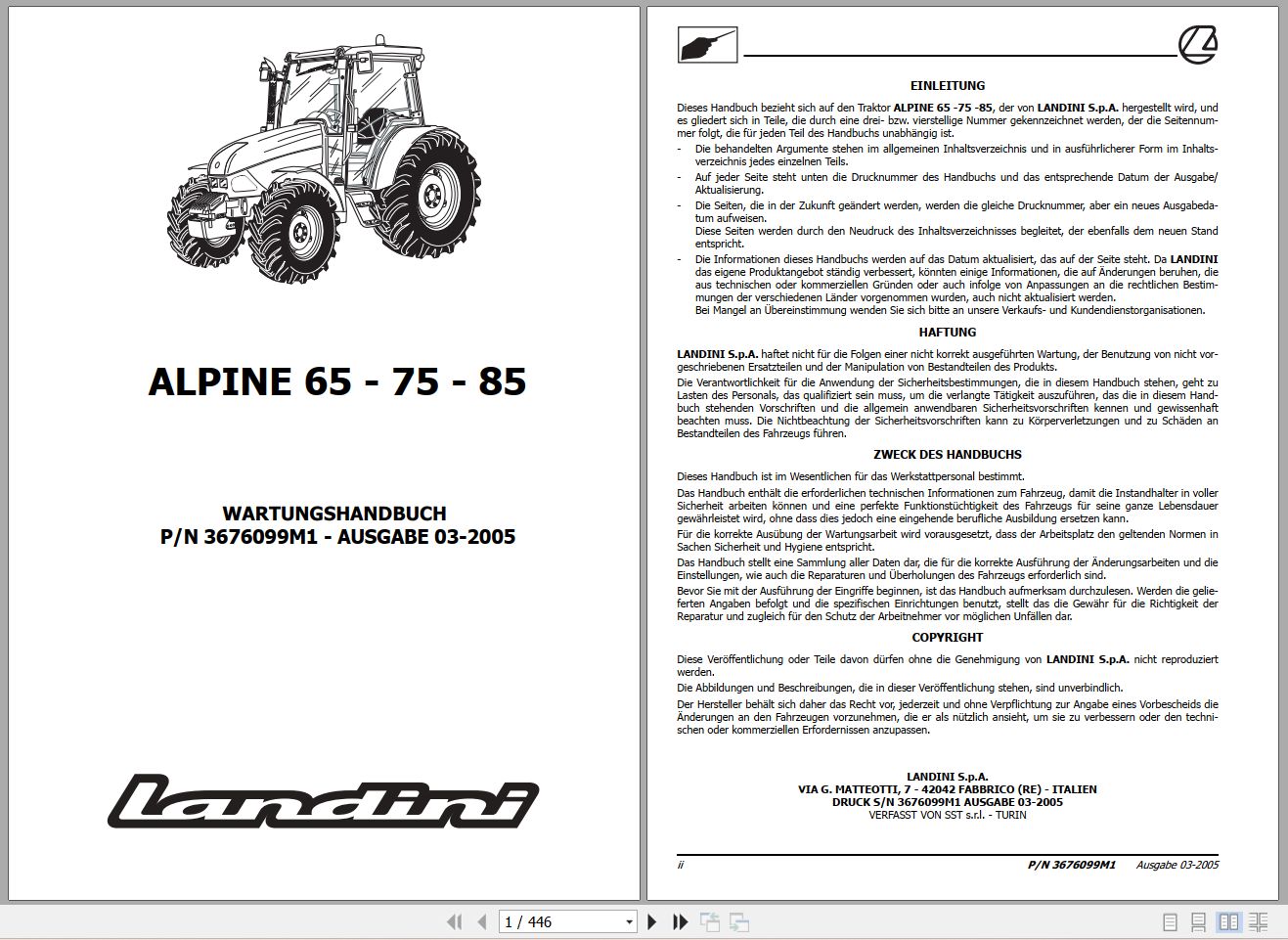 Landini Tractor ALPINE 65 75 85 Service Manual 3676099M1 DE 1