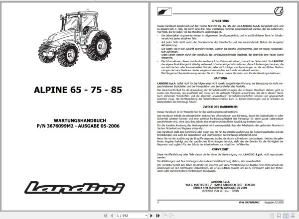 Landini Tractor ALPINE 65 75 85 Service Manual 3676099M2 DE 1