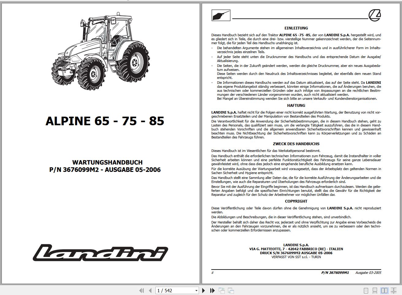 Landini Tractor ALPINE 65 75 85 Service Manual 3676099M2 DE 1