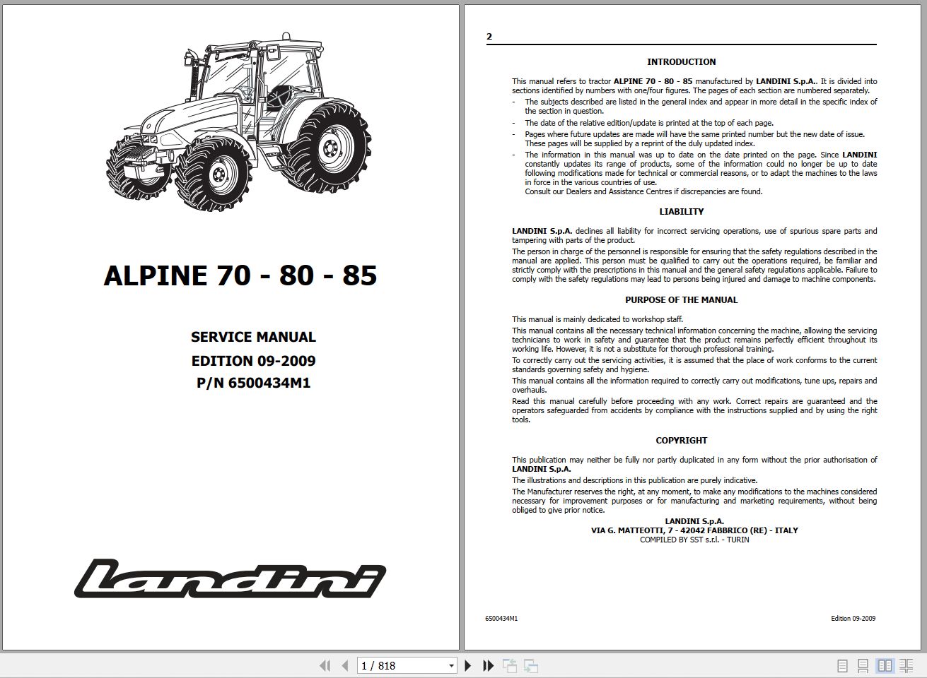 Landini Tractor ALPINE 70 80 85 Service Manual 6500434M1 EN 1