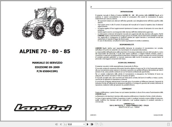 Landini Tractor APLINE 70 80 85 Service Manual 6500433M1 IT 1