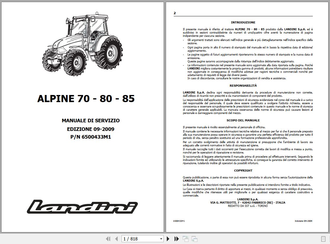 Landini Tractor APLINE 70 80 85 Service Manual 6500433M1 IT 1