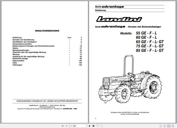 Landini Tractor Advantage 55GE to 95GT Operators Maintenance Manual 3539586M6 DE 1