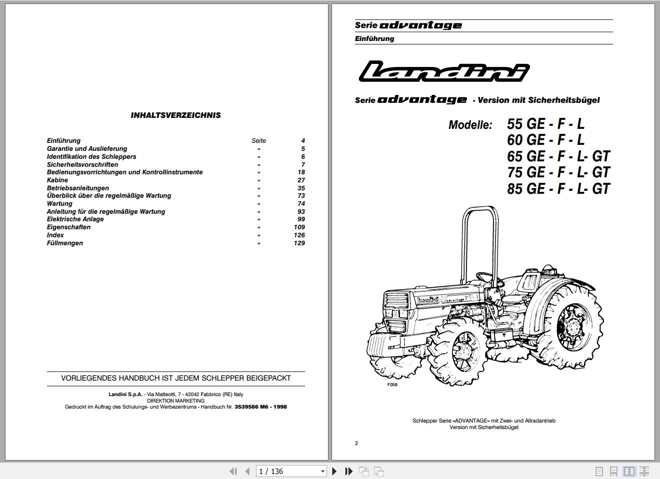 Landini Tractor Advantage 55GE to 95GT Operators Maintenance Manual 3539586M6 DE 1