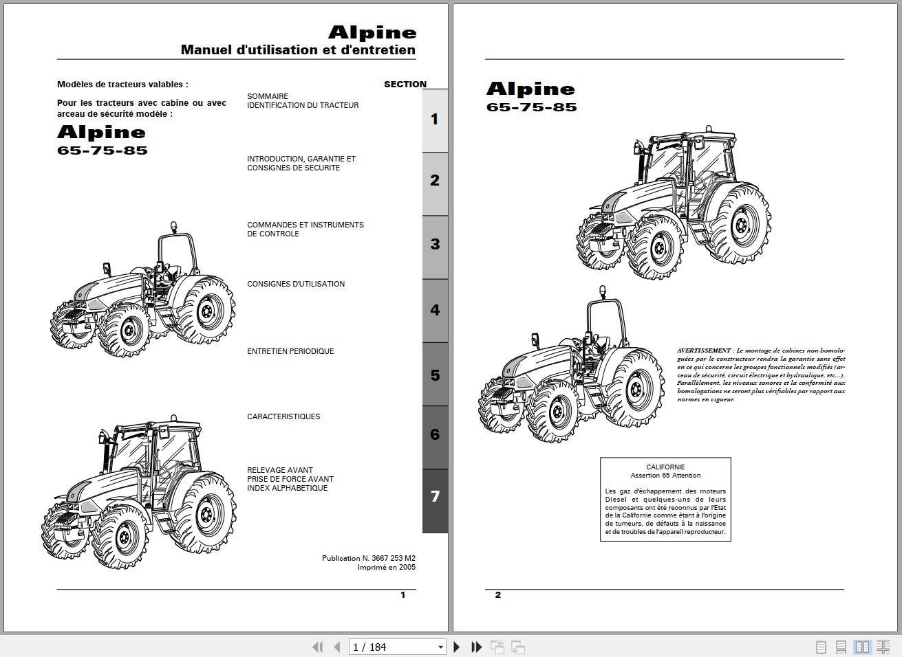 Landini Tractor Alpine 65 75 85 Operators Maintenance Manual 3667253M2 FR 1