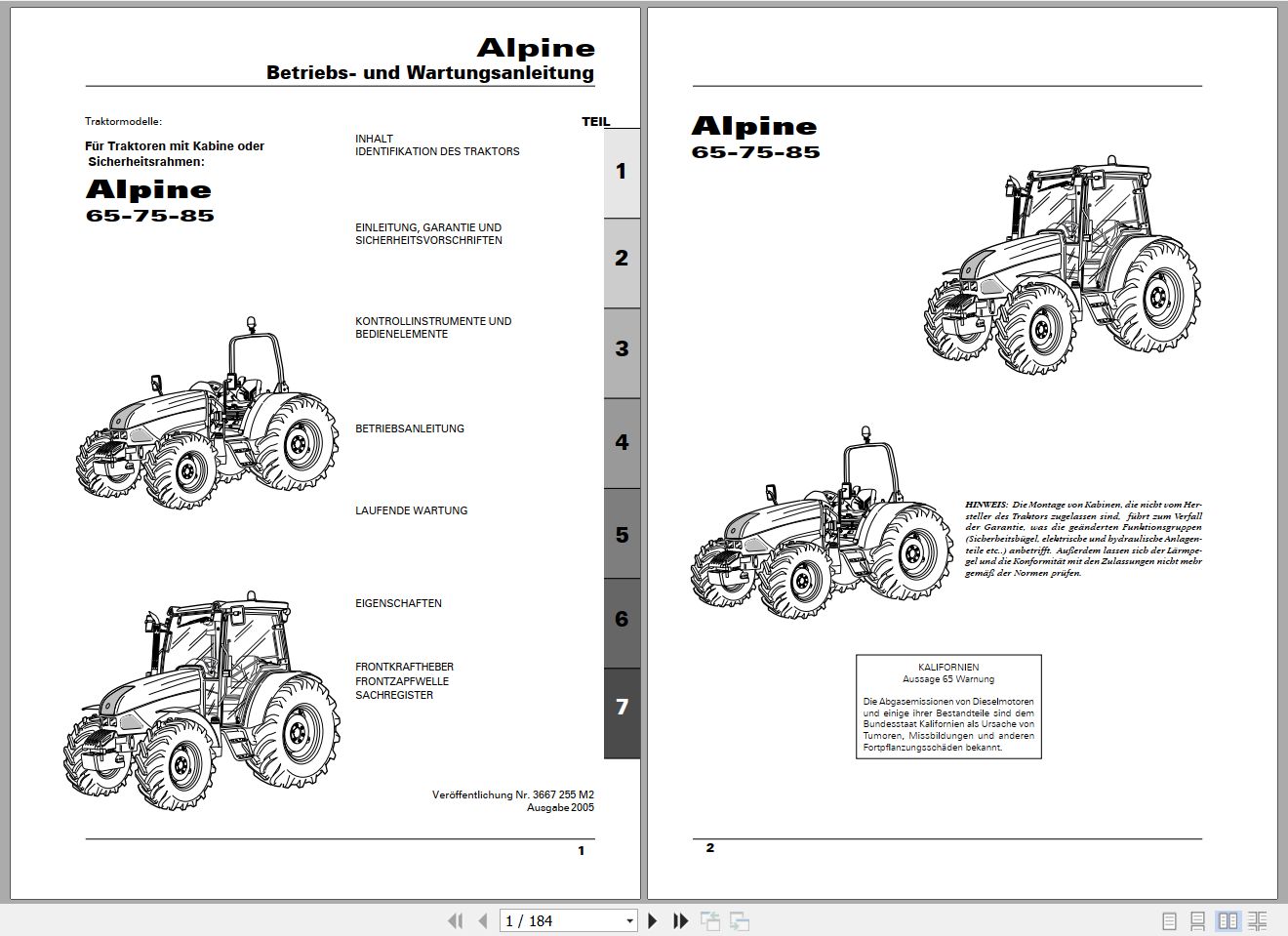 Landini Tractor Alpine 65 75 85 Operators Maintenance Manual 3667255M2 DE 1