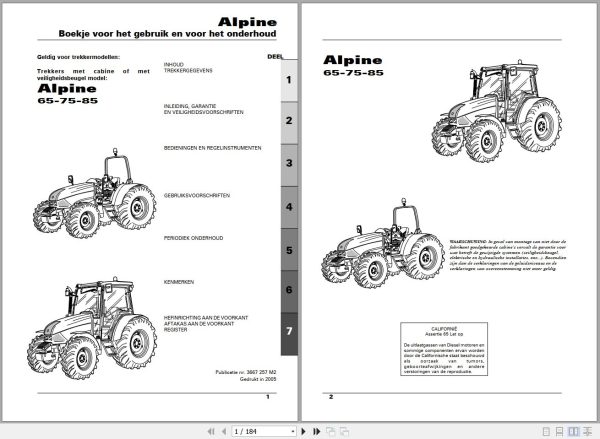 Landini Tractor Alpine 65 75 85 Operators Maintenance Manual 3667257M2 NL 1