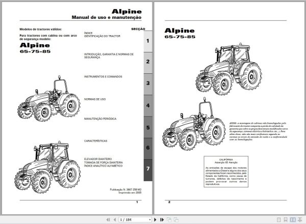 Landini Tractor Alpine 65 75 85 Operators Maintenance Manual 3667258M2 PT 1