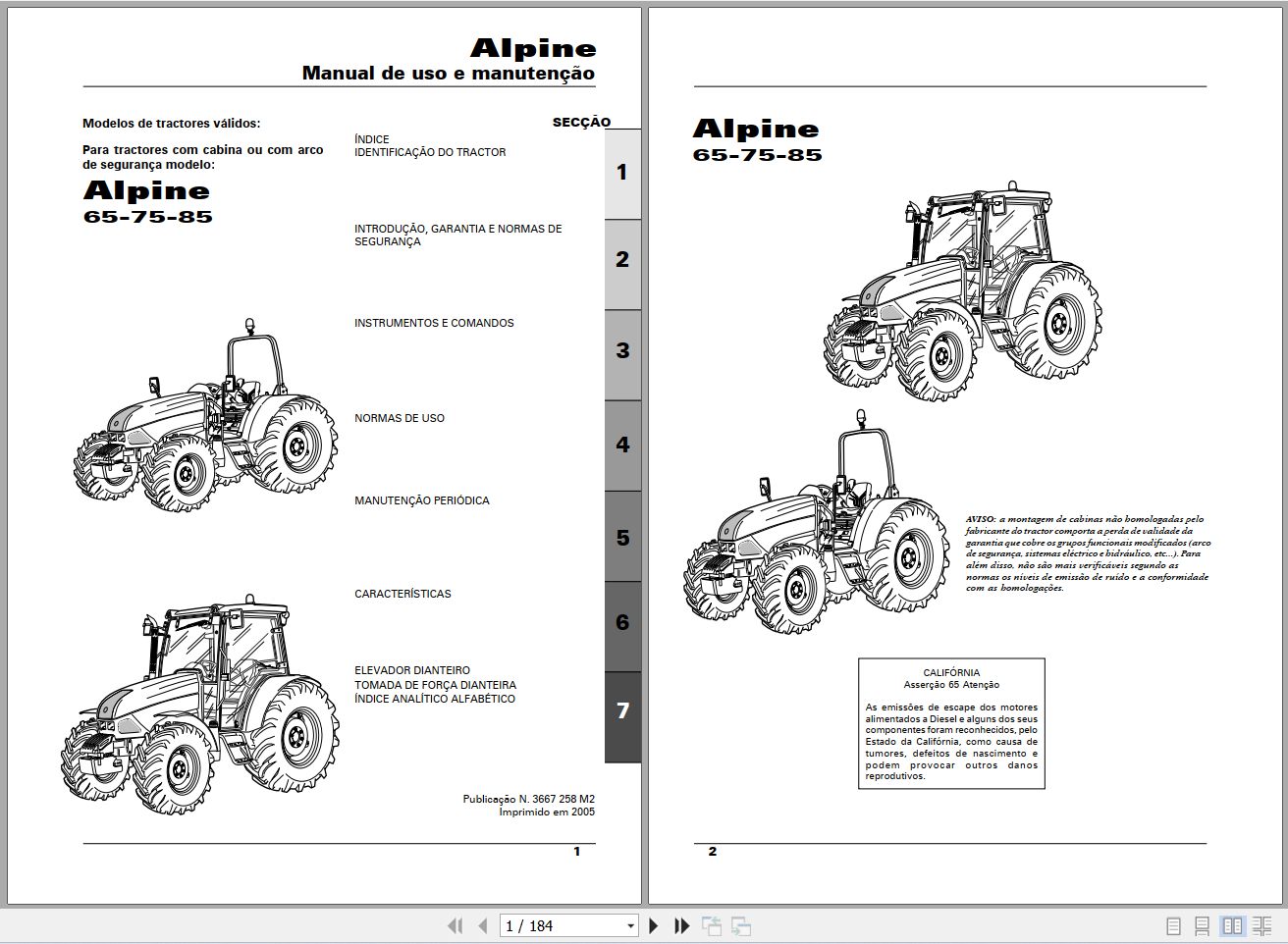 Landini Tractor Alpine 65 75 85 Operators Maintenance Manual 3667258M2 PT 1