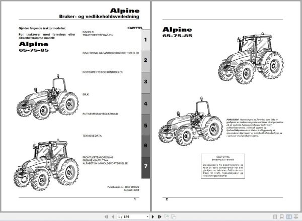 Landini Tractor Alpine 65 75 85 Operators Maintenance Manual 3667259M2 NO 1