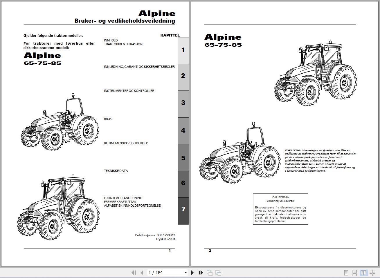 Landini Tractor Alpine 65 75 85 Operators Maintenance Manual 3667259M2 NO 1