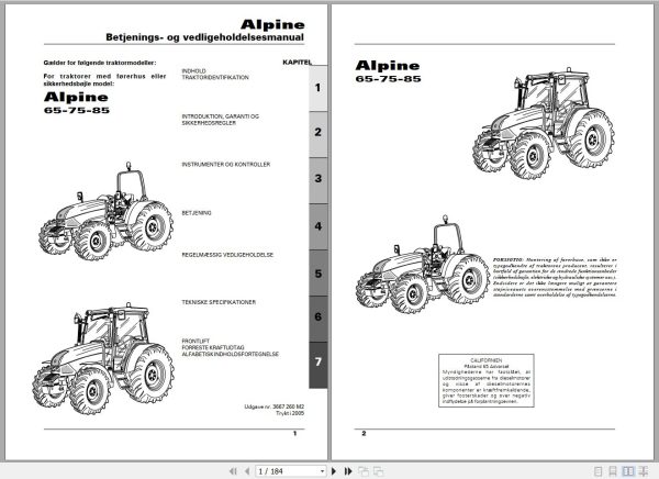 Landini Tractor Alpine 65 75 85 Operators Maintenance Manual 3667260M2 DA 1
