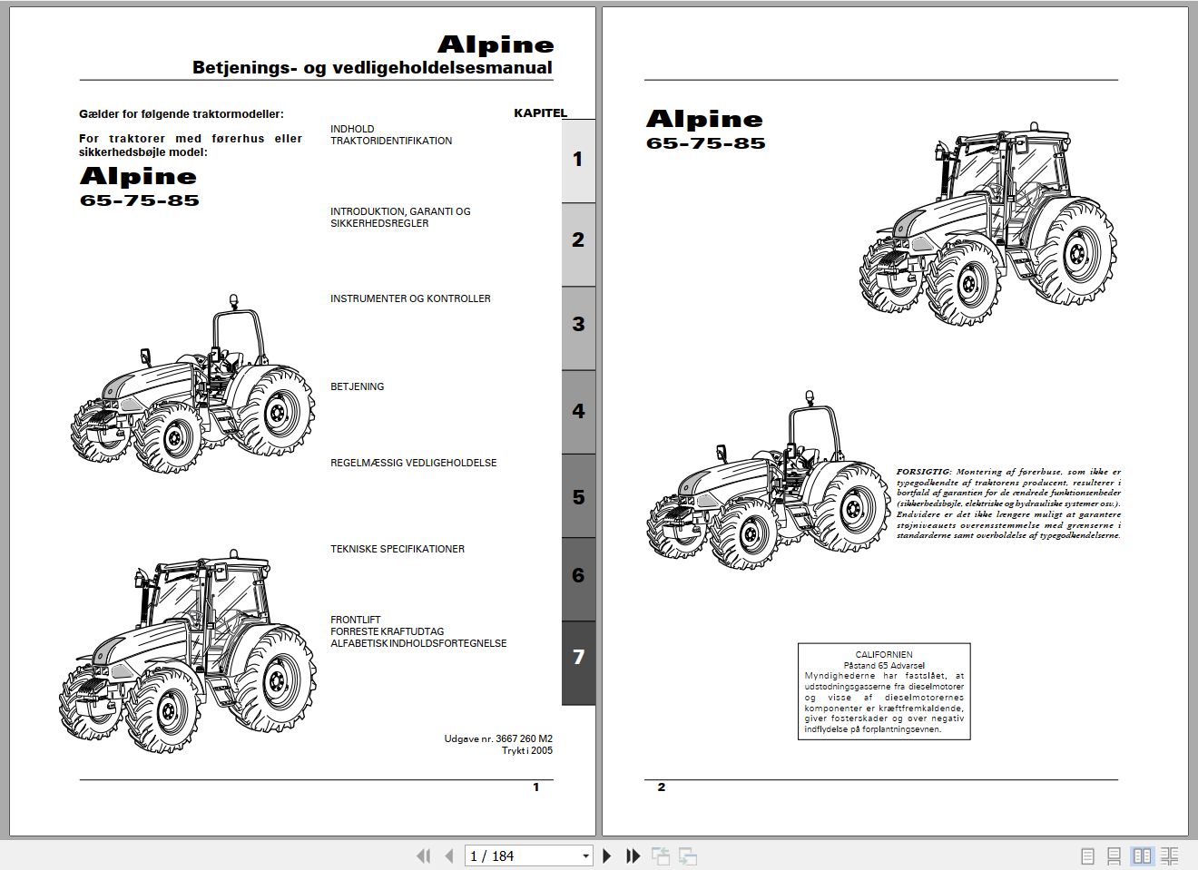Landini Tractor Alpine 65 75 85 Operators Maintenance Manual 3667260M2 DA 1