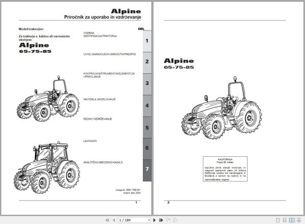 Landini Tractor Alpine 65 75 85 Operators Maintenance Manual 3681708M1 SL 1