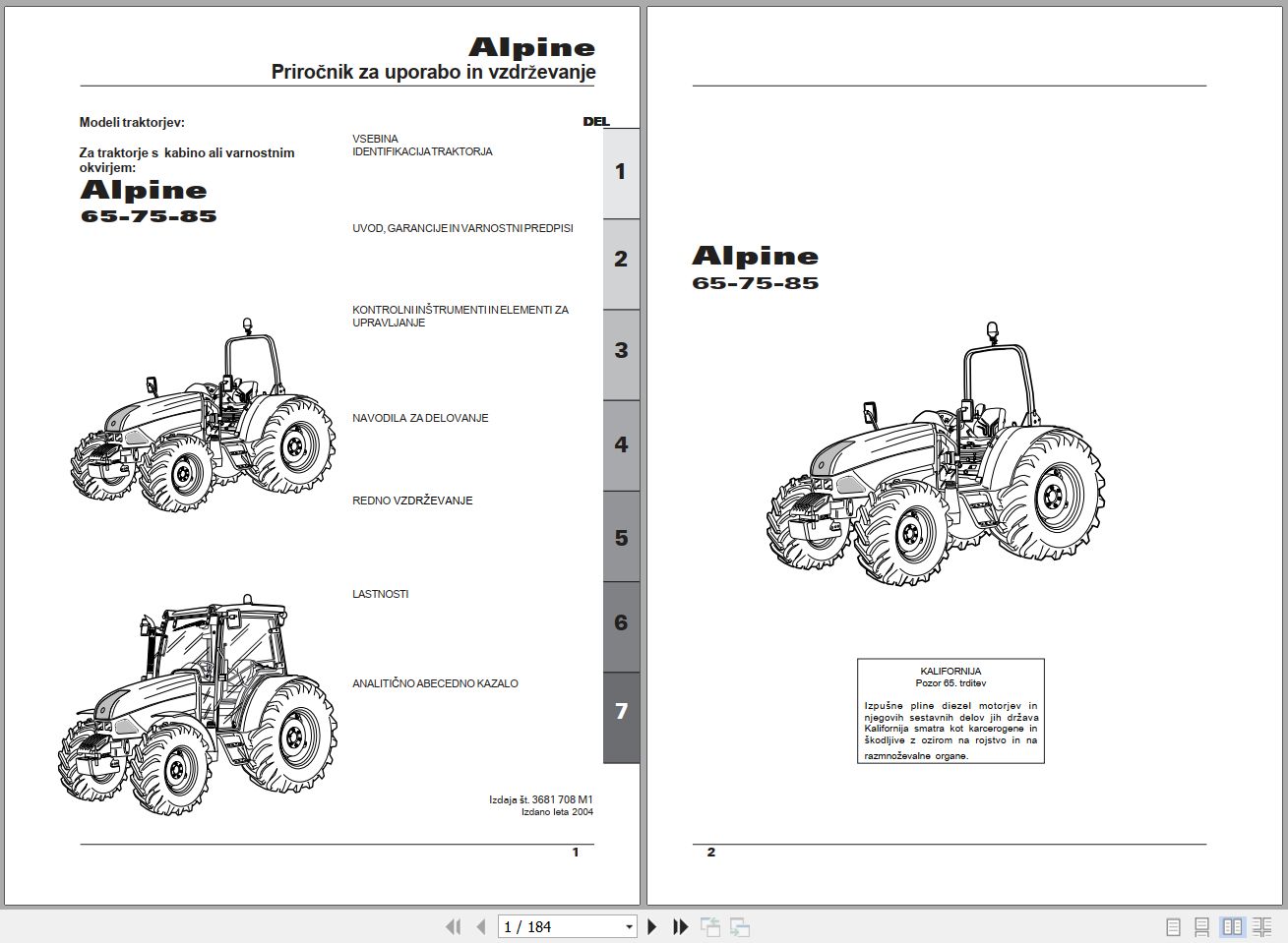 Landini Tractor Alpine 65 75 85 Operators Maintenance Manual 3681708M1 SL 1