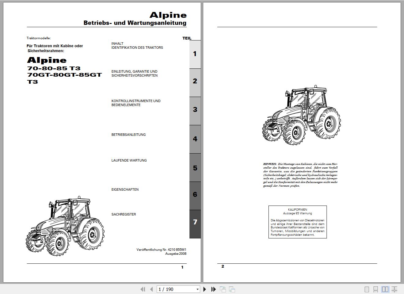 Landini Tractor Alpine 70 T3 to 85GT T3 Operators Maintenance Manual 4210855M1 DE 1