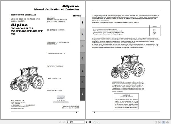 Landini Tractor Alpine 70 T3 to 85GT T3 Operators Maintenance Manual 6502287M1 FR 1