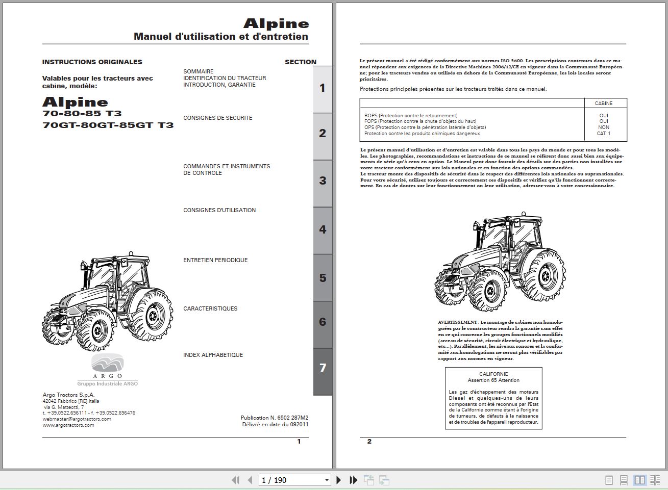 Landini Tractor Alpine 70 T3 to 85GT T3 Operators Maintenance Manual 6502287M2 FR 1
