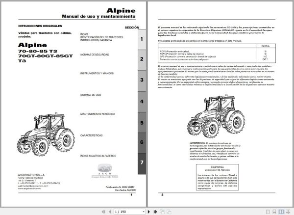 Landini Tractor Alpine 70 T3 to 85GT T3 Operators Maintenance Manual 6502288M1 ES 1