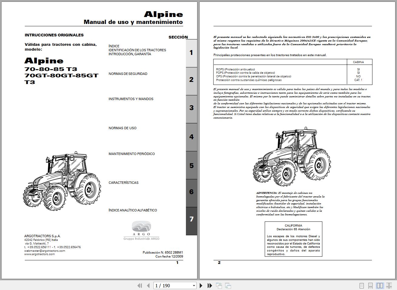 Landini Tractor Alpine 70 T3 to 85GT T3 Operators Maintenance Manual 6502288M1 ES 1