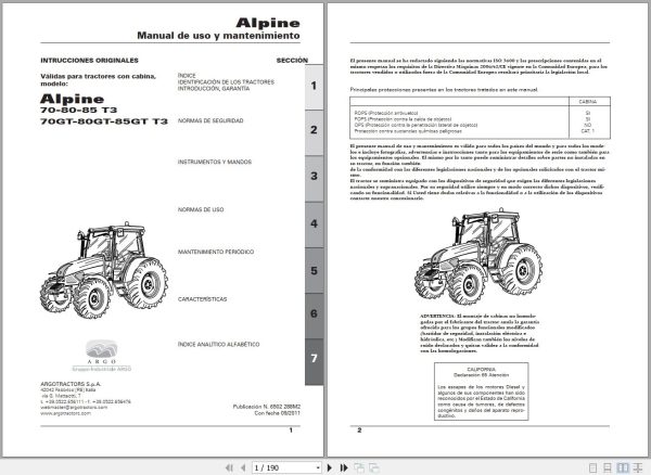 Landini Tractor Alpine 70 T3 to 85GT T3 Operators Maintenance Manual 6502288M2 ES 1