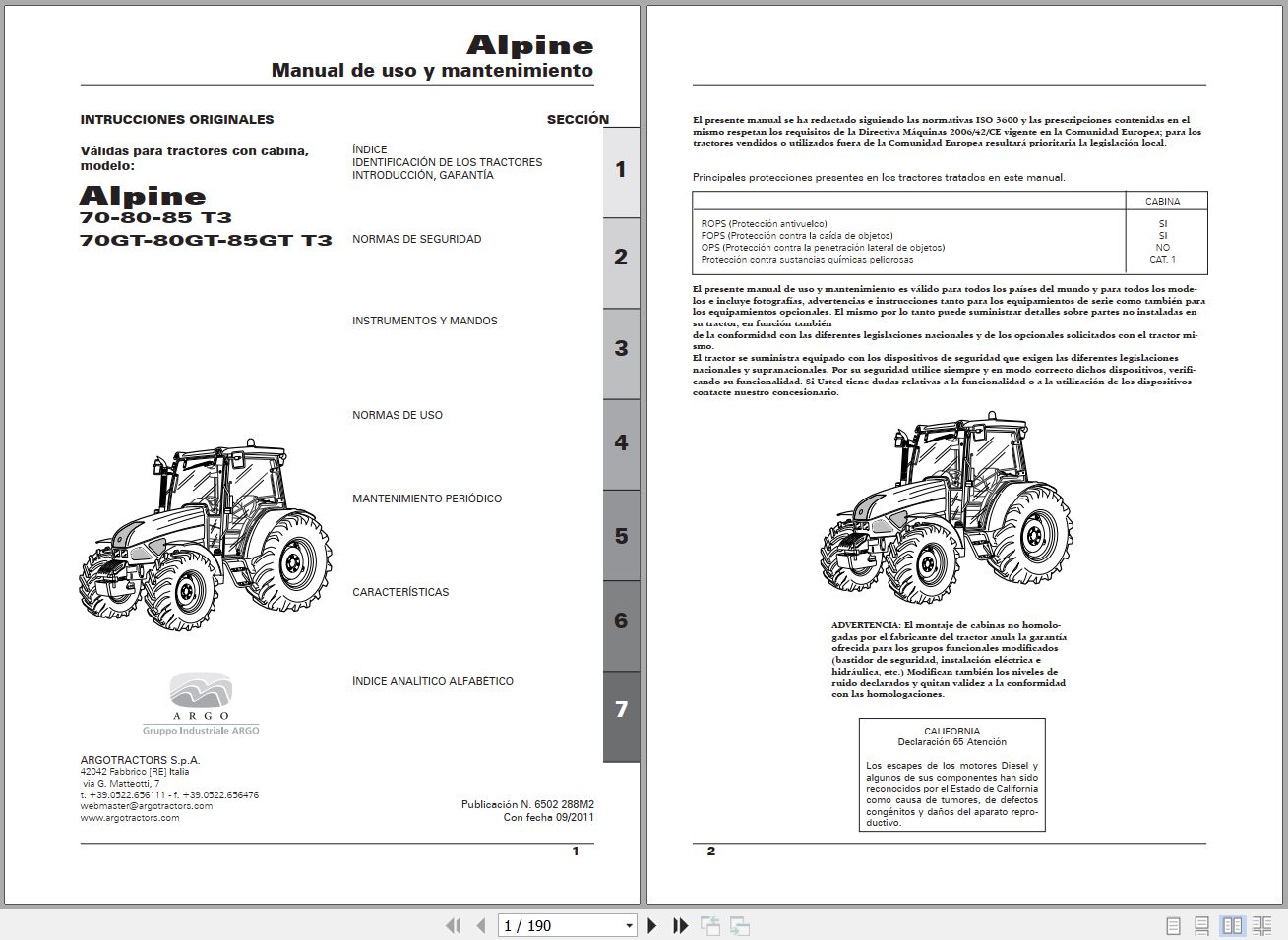 Landini Tractor Alpine 70 T3 to 85GT T3 Operators Maintenance Manual 6502288M2 ES 1
