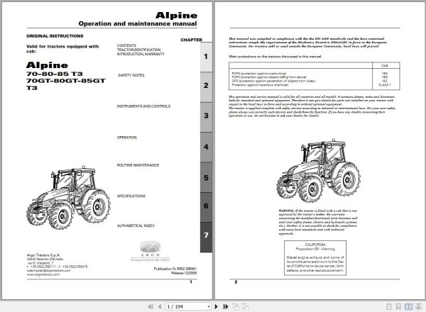 Landini Tractor Alpine 70 to 85GT T3 Operators Maintenance Manual 6502286M1 EN 1