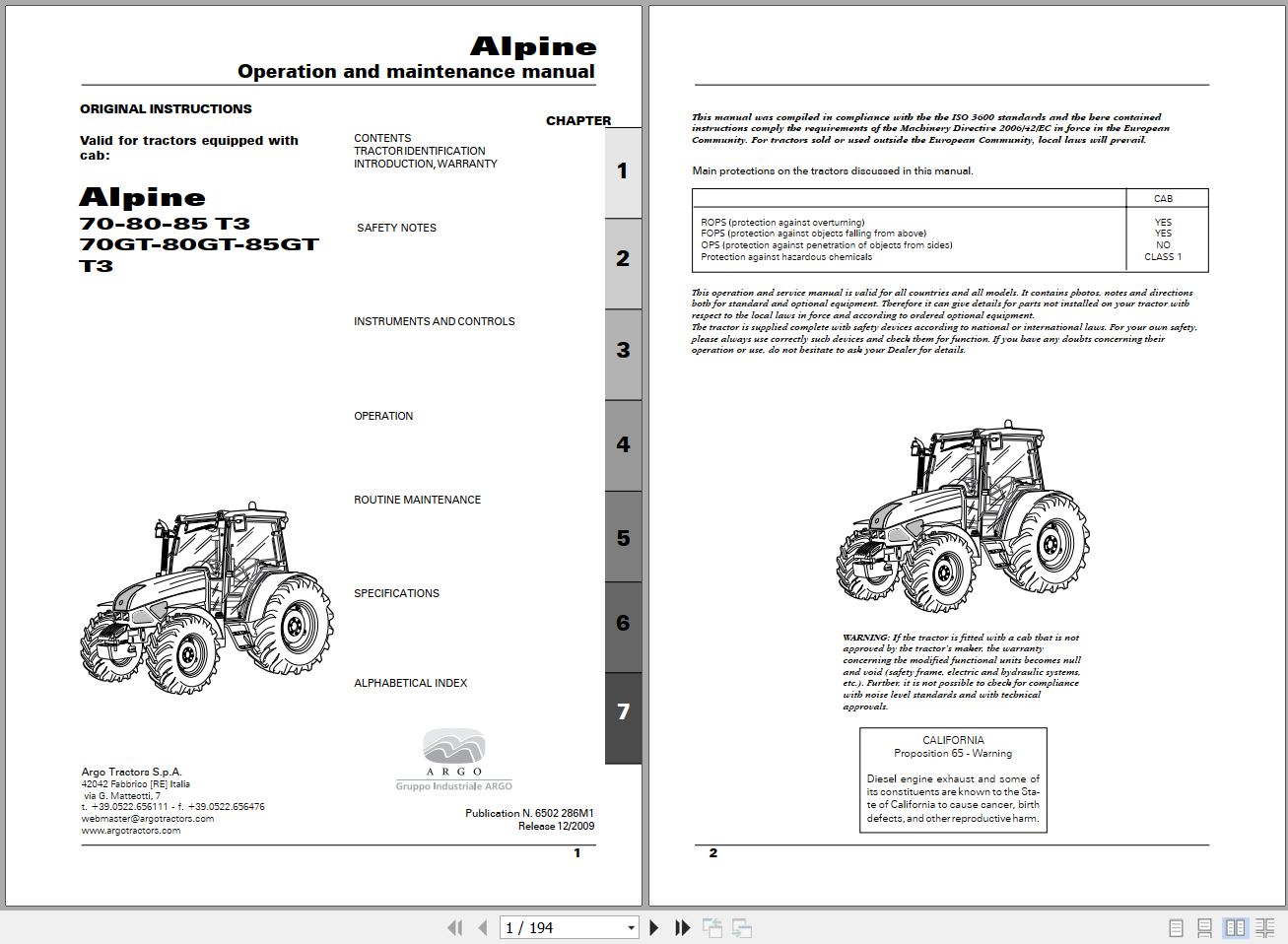 Landini Tractor Alpine 70 to 85GT T3 Operators Maintenance Manual 6502286M1 EN 1