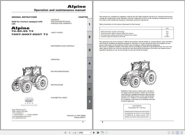 Landini Tractor Alpine 70 to 85GT T3 Operators Maintenance Manual 6502286M2 EN 1