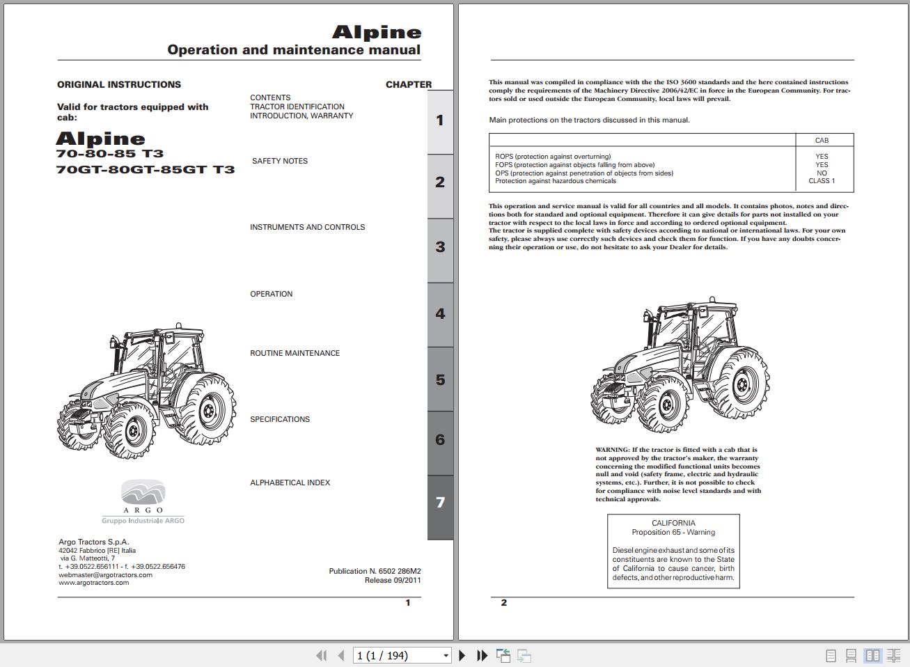 Landini Tractor Alpine 70 to 85GT T3 Operators Maintenance Manual 6502286M2 EN 1