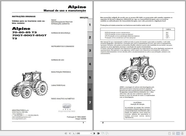 Landini Tractor Alpine 70 to 85GT T3 Operators Maintenance Manual 6502292M1 PT 1