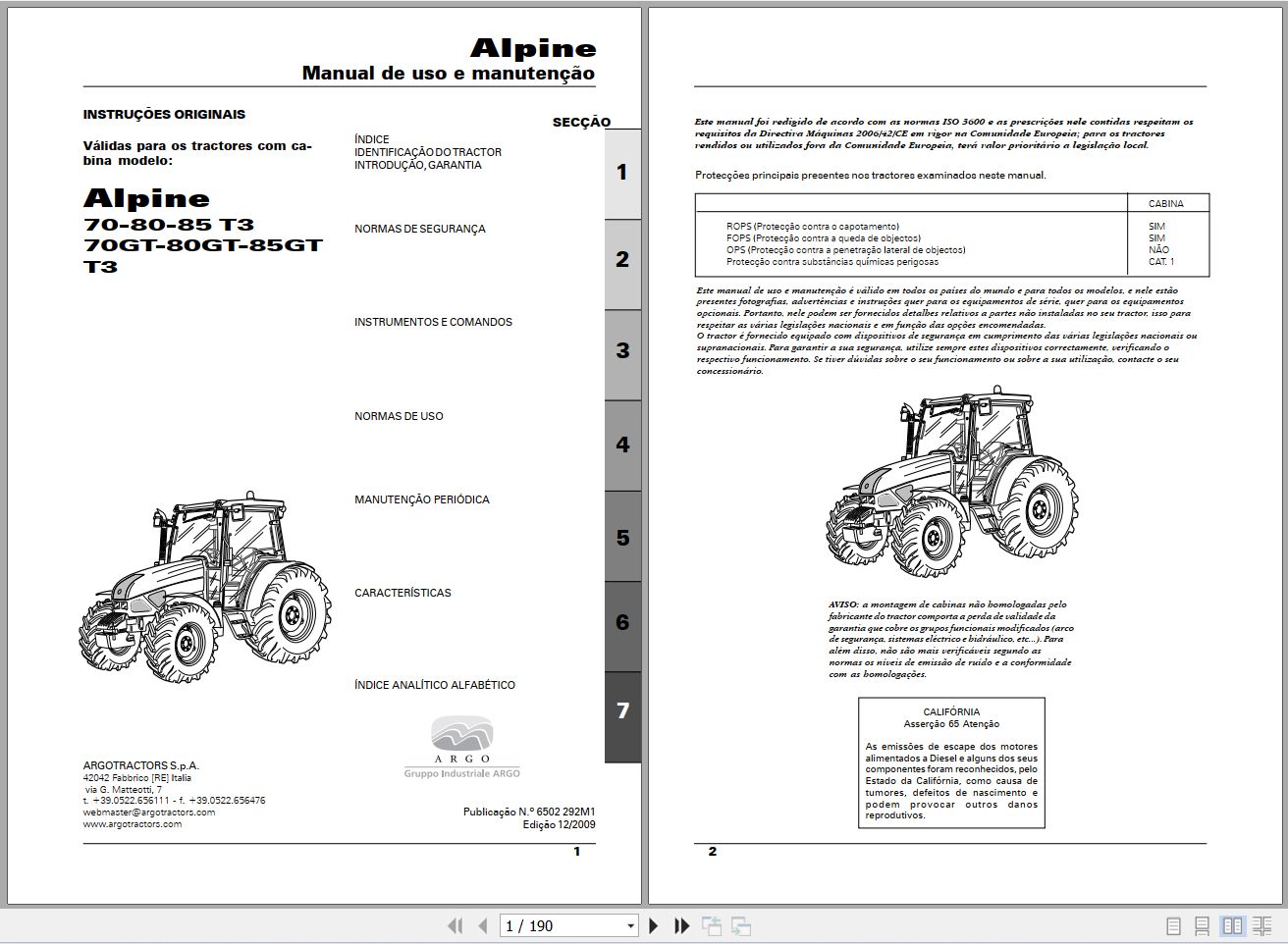 Landini Tractor Alpine 70 to 85GT T3 Operators Maintenance Manual 6502292M1 PT 1
